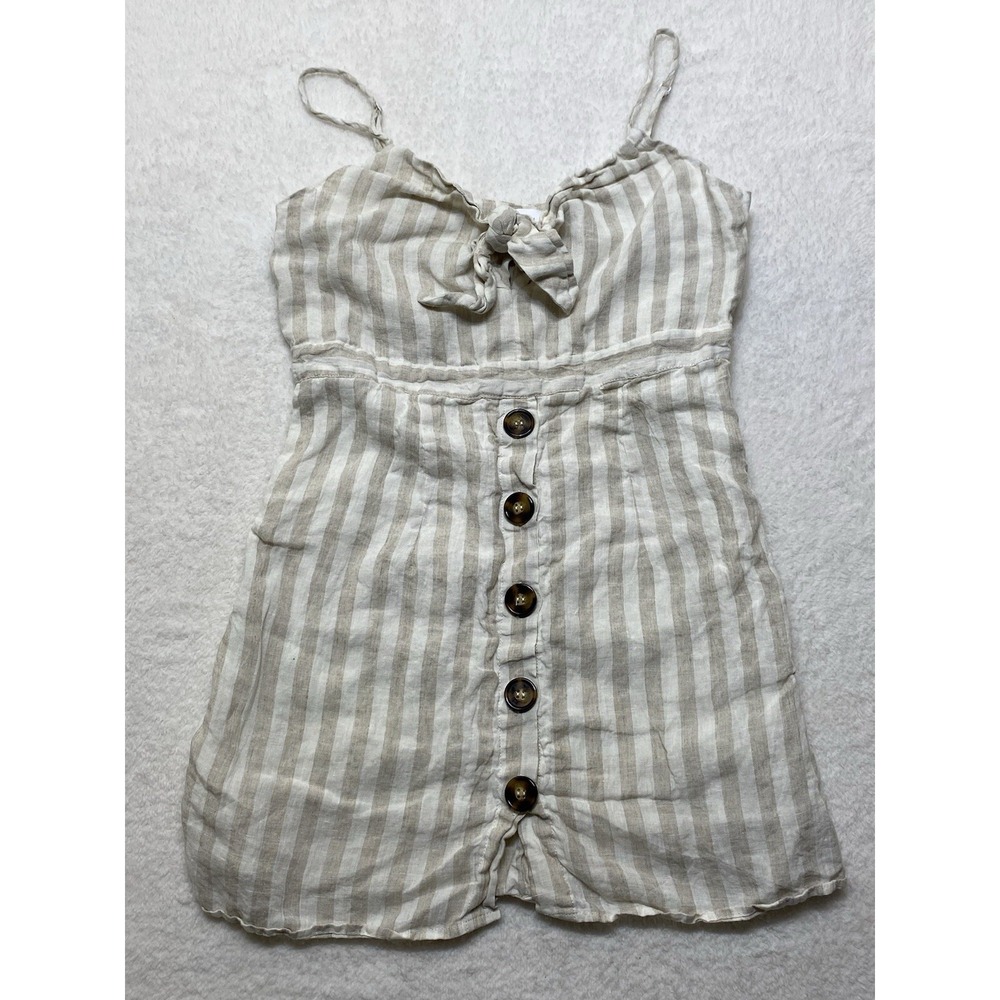 Karlie Linen Blend Mini Sun Dress Vertical Lines Beige White Women's Medium